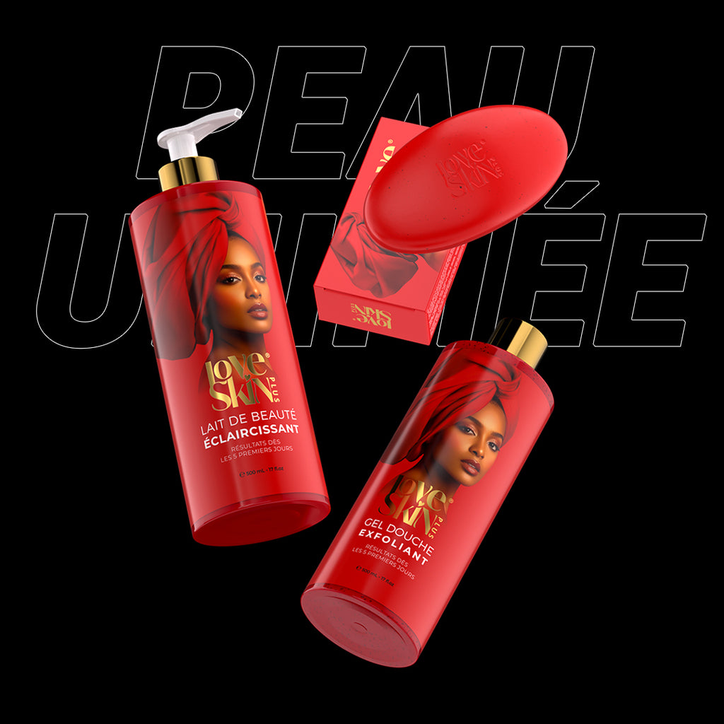 Pack Peau Unifiée Love Skin Plus – lait de beauté éclaircissant, gel douche exfoliant et savon clarifiant, promo Black Friday Cosmétiques & Fragrances Sénégal