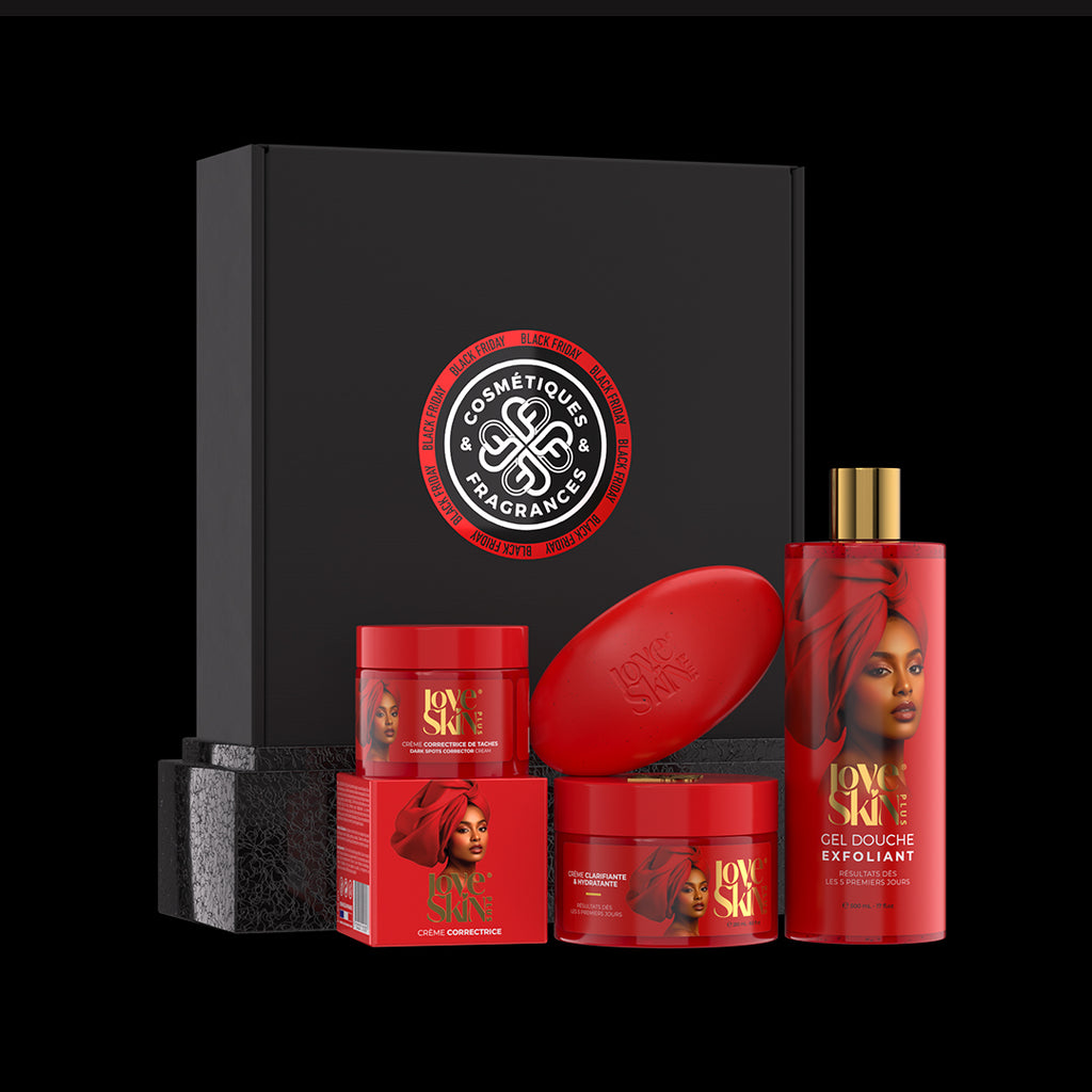 Pack Éclat Teint Marron Love Skin Plus – gel exfoliant, crème clarifiante & hydratante, savon éclaircissant, offre Black Friday Sénégal
