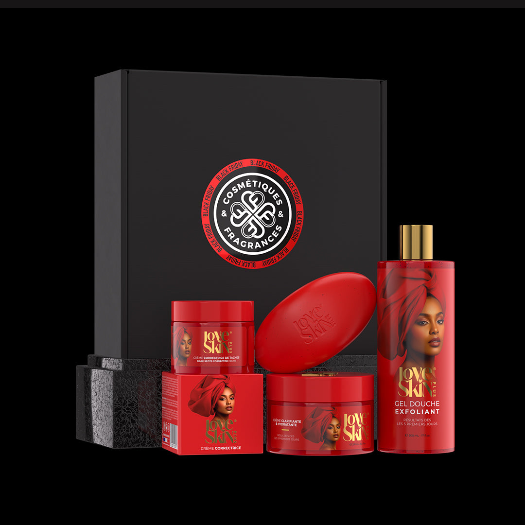Pack Éclat Teint Marron Love Skin Plus – gel exfoliant, crème clarifiante & hydratante, savon éclaircissant, offre Black Friday Sénégal