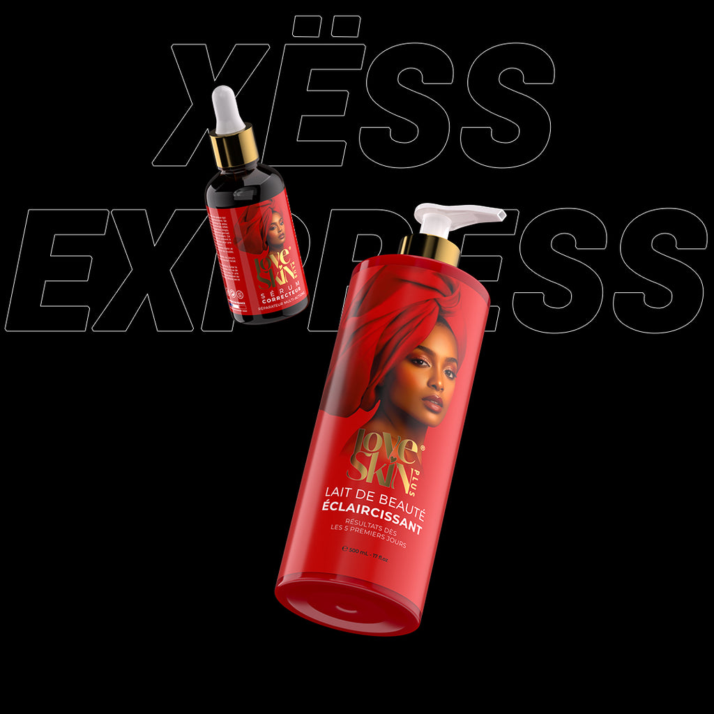 Pack Xëss Express Love Skin Plus – sérum correcteur et lait de beauté éclaircissant, éclat visible dès les premiers jours, offre Black Friday Sénégal